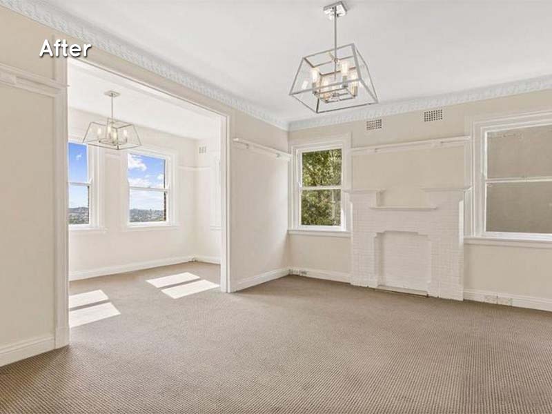 art deco renovation with a view main living after