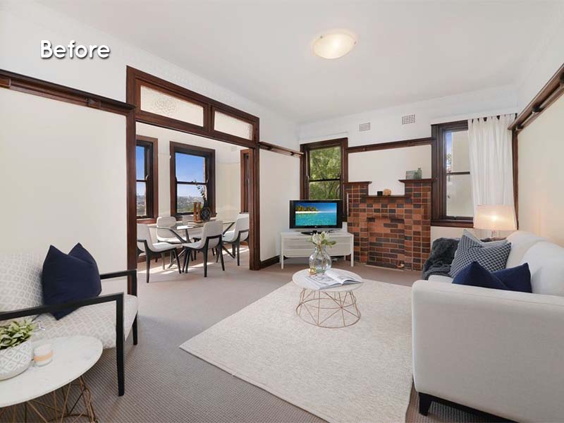 art deco renovation with a view main living before