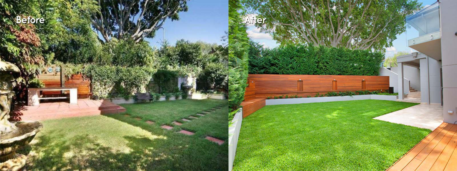 Before and after a garden renovation of a home in Sydney